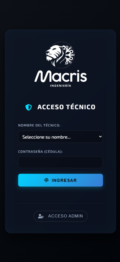 Vista móvil de la plataforma MACRIS para reportes técnicos
